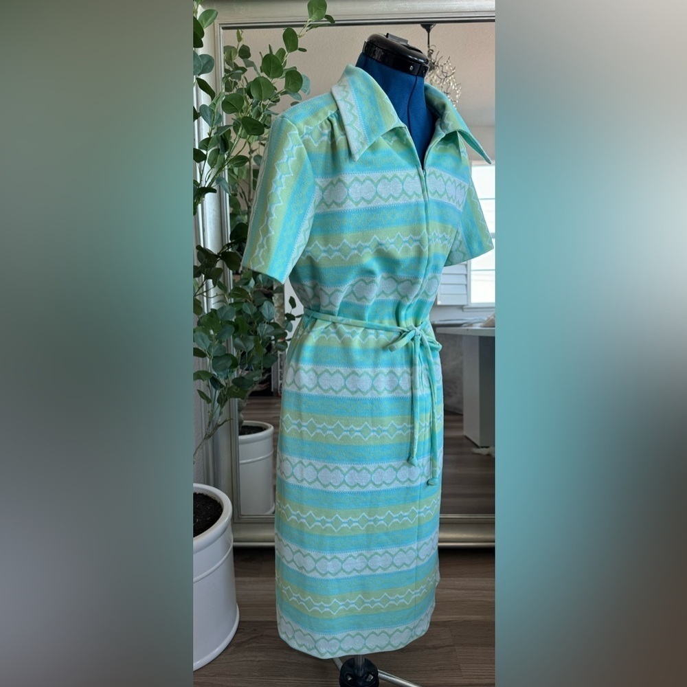 Vintage 70s Flutterby Mod Go Go Geometric Collared Zip Belt Dress